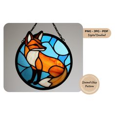 an image of a stained glass window with a fox in it's mouth hanging from a chain