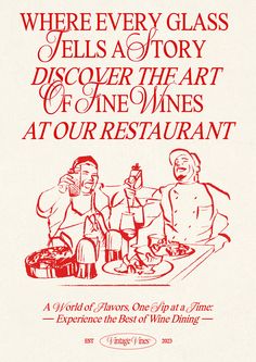 an advertisement for a wine tasting event with two people sitting at a table and one person standing