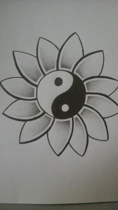 a black and white drawing of a flower with a yin - yang symbol on it