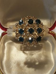 18K Yellow Gold Vintage Sapphire Cluster Ring - Etsy Vintage Gold Cluster Sapphire Ring, Vintage Cluster Sapphire Ring Gift, Vintage Cluster Sapphire Ring As Gift, Vintage Cluster Sapphire Ring For Gift, Gold Collectible Cluster Ring, Collectible Cluster Jewelry With Hallmark, Gold Costume Jewelry Ring For Anniversary, Collectible Yellow Gold Cluster Ring, Sapphire Cluster Ring