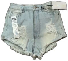 Ripped Cutoff Shorts For Vacation, Light Wash Cutoff Shorts For Vacation, Light Wash Distressed Beach Shorts, Beach Distressed Light Wash Shorts, Ripped Cutoff Bottoms For Vacation, Light Wash High Rise Jean Shorts For Vacation, High Rise Light Wash Jean Shorts For Vacation, Trendy Distressed Bottoms For Vacation, Light Wash Ripped Beach Shorts