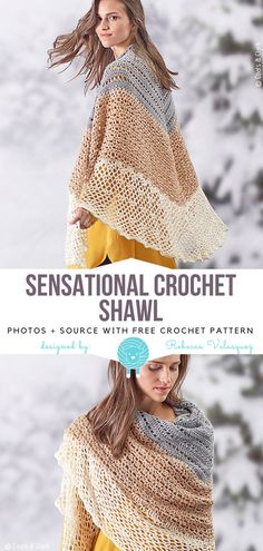 a woman wearing a crochet shawl with text overlay that says sensational crochet shawl