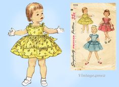 "Simplicity Pattern 1559 An Original Vintage Sewing Pattern Toddler Girls Dress in Three Views The Perfect School or Party Dress Dated 1956 Complete Nice Condition 11 of 11 Pieces Counted. Verified. Guaranteed. Size 1 (20\" Bust)" Smocked Baby Girl Dresses, Playsuit Pattern, 1950s Girls, Butterick Patterns Vintage, Toddler Coats Girl, Toddler Patterns, Girls Smocked Dresses, Girls Smock, Sewing Patterns Girls