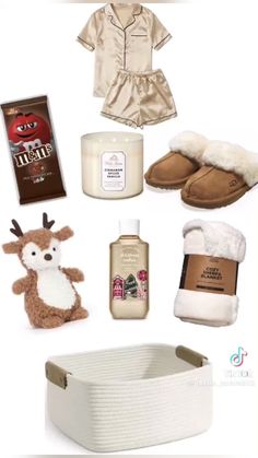 an assortment of items that include slippers, socks and soap