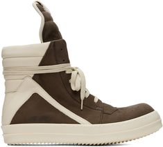 High-top nubuck and buffed calfskin sneakers in brown and off-white. · Perforated detailing at toe · Lace-up closure · Pull-loop at extended padded tongue · Quilted collar · Zip closure at inner side · Buffed calfskin lining · Treaded thermoplastic rubber sole Supplier color: Saddle/Milk/Milk Quilted Collar, Rick Owens Shoes, Rick Owens, Mens Shoes Sneakers, High Top, Saddle, Apparel Accessories, Calf Skin, High Tops