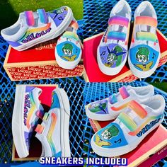 Looking to Jazz Up your little ones sneakers?! You're in the right place! Bring out your kids favorites with one-of-a-kind designs. Every pair of sneakers is made to order! Artwork 🎨  Designs are hand painted to make shoes that are uniquely yours! Crafted with Angelus acrylic paint and are water resistant!  **All Designs are on VANS Off the Wall slip-ons or high-tops. Please see listing below if you want a different shoe** https://jazzdupdesignz.etsy.com/listing/1736826078  Pricing 💰 Prices ar Custom Multicolor Round Toe Sneakers, Multicolor Hand Painted Low-top Sneakers, Hand Painted Multicolor Low-top Sneakers, Multicolor Hand Painted Low-top Custom Sneakers, Hand Painted Multicolor Low-top Custom Sneakers, Custom Multicolor Low-top Sneakers, Fun Multicolor Hand Painted Sneakers, Hand Painted Multicolor Fun Sneakers, Playful Multicolor Custom Sneakers With Round Toe