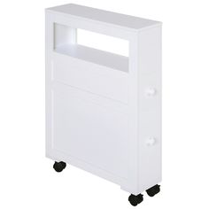 a white cabinet with wheels on it