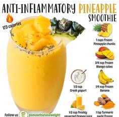 a smoothie in a glass with pineapples and other ingredients around it on a white background