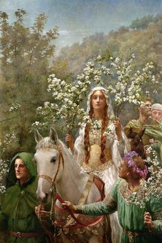 a painting of a woman on a white horse surrounded by other people and flowers in the background