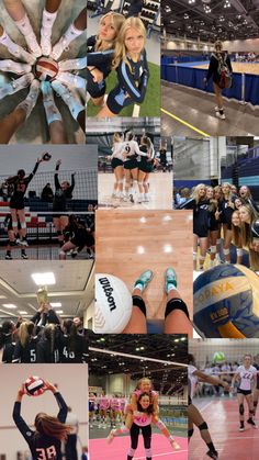 the collage shows many different pictures of women in sports uniforms and volleyball shoes, including one woman holding a ball