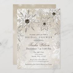 the snowflake bridal shower is shown in this silver and white wedding card