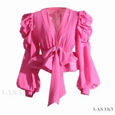 Lasaky - Ravishing Peplum Blouse with Puff Sleeves, V Neckline, Tie Front, and Pleated Chiffon Lace Top Dress, Modern Womens Fashion, Pink Shades, Pleated Chiffon, Puff Long Sleeves, Stylish Blouse, Designer Blouse, Backless Maxi Dresses, Peplum Blouse