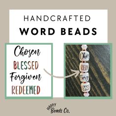 the words handcrafted word beads are shown in three different colors and font styles