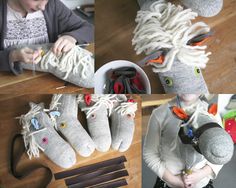 a collage of photos showing the process of making knitted shoes with yarn and scissors