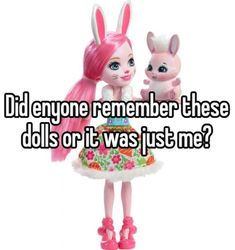 a girl with pink hair standing next to a toy rabbit