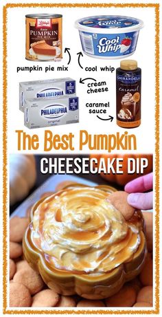 pumpkin pie cheesecake dip recipe with instructions for making it in an ice cream container