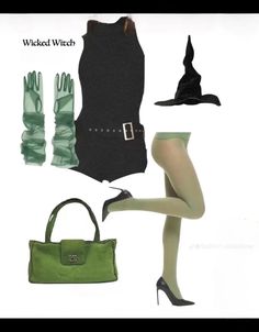 a woman in tights and stockings is holding a green handbag with gloves on it