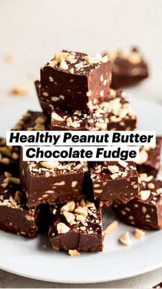 healthy low sugar peanut butter chocolate fudge on a white plate with text overlay