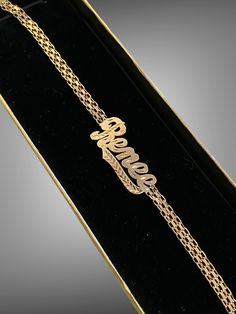 "Custom 14K Yellow Gold \"RENEE\" Name Plate 7\" Bracelet! Bracelet is custom crafted in 14k Yellow gold and is in nice vintage condition! RENEE Nameplate measures approximately 1 1/8\" long by 1/2\" wide! Chain is 4mm wide Total weight 6.6 grams! Ships FAST and FREE, fully insured and in a gift box :)" Luxury Fine Jewelry Nameplate, Luxury Nameplate Jewelry, Name Plate Bracelet Gold, Renee Name, Gold Bracelet With Name, Mexican Jewelry Gold, Necklace Name Design, Name Plate Bracelet, Name Bracelet Gold