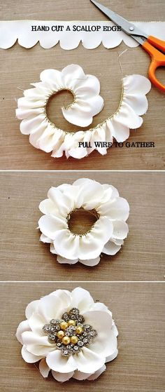 the instructions for how to make flower hair clips with scalloped edges and pearls