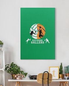 a room with a table, chair and poster on the wall that says ballers