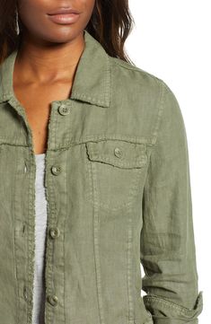 A classic trucker jacket lightens up for cooler weather in a pure linen fabrication in your choice of four versatile hues. Frayed edges add a relaxed, well-worn look. 22" length (size Medium) Front button closure Spread collar Button cuffs Chest button-flap pockets; front on-seam pockets Adjustable button tabs at waistband 100% linen Dry clean or machine wash, line dry Imported Spring Linen Utility Jacket With Flap Pockets, Relaxed Fit Linen Utility Jacket With Patch Pockets, Relaxed Fit Outerwear For Summer Casual Gatherings, Green Linen Summer Outerwear, Spring Linen Utility Jacket With Patch Pockets, Spring Linen Utility Jacket With Pockets, Spring Linen Utility Jacket With Relaxed Fit, Spring Linen Outerwear With Button Closure, Spring Unstructured Utility Jacket With Button Closure