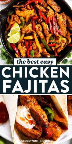 chicken fajitas in a skillet with salsa and lime