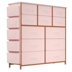 a large pink dresser with six drawers and two shelves on each side, in front of a white background