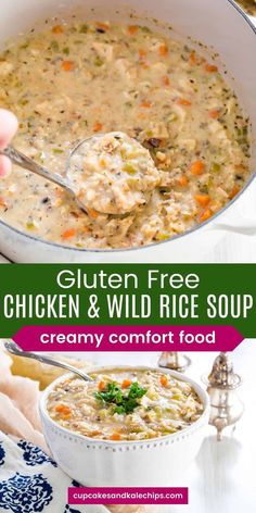 chicken and wild rice soup in a white bowl with a ladle scooping out