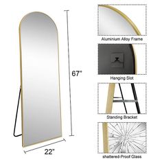 the measurements for an arched mirror with stand and shelf below it, along with other details