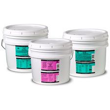 three white buckets with green and pink labels on them