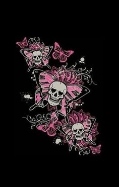 skulls and butterflies on a black background with pink flowers in the foreground is an image of a skull