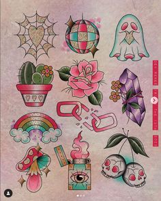 an old school tattoo sticker sheet with various tattoos on it, including roses and other designs