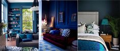 four different rooms with blue walls and furniture in the same room, including a couch