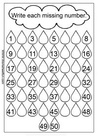 a printable worksheet for missing numbers to 10 with raindrops and clouds