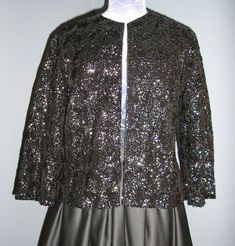 Vintage 60s stunning black sequined evening jacket by Helen Smith of Pasadena size 10 made in Britis Glamorous Sequined Evening Outerwear, Glamorous Sequin Outerwear For Evening, Black Holiday Party Outerwear, Black Sequined Evening Outerwear, Sequined Outerwear For Holiday Evenings, Fitted Holiday Evening Outerwear, Vintage Black Outerwear For Party, Black Holiday Evening Outerwear, Outdoor Evening Wedding