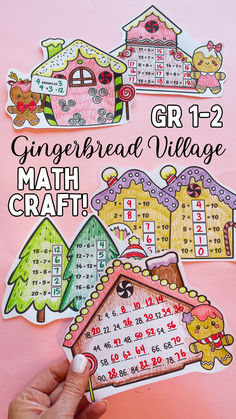 the gingerbread village math craft is being held up in front of a pink background