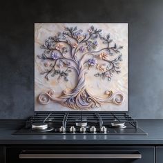 a painting on the wall above a stove top