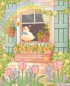 a painting of a duck sitting on a window sill with flowers and potted plants