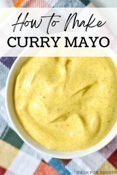 how to make curry mayo in a white bowl on a checkered cloth with text overlay