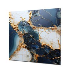 an abstract painting with blue, gold and white colors on the canvas is featured in this image