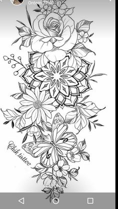 a line drawing with flowers and leaves on the back of an iphone screen, in black and white