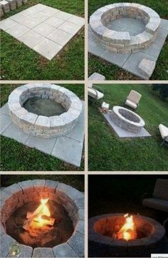 several pictures of an outdoor fire pit in the grass