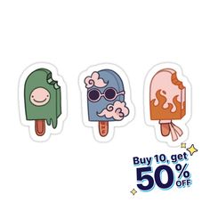 three stickers depicting ice cream and sundaes with the words buy 10 get 50 % off