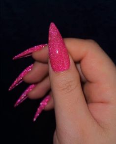 Black Almond Acrylic, Black Almond Acrylic Nails, Acrylic Almond Nails, Pink Sparkly Nails, Pink Glitter Nail, 22 Nails, Magic Effect, Pink Stiletto Nails, Hot Pink Glitter