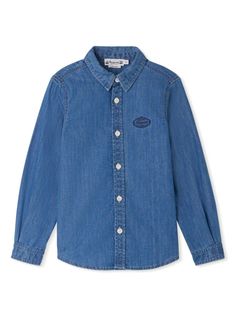 blue cotton denim embroidered logo to the front contrast stitching classic collar front button fastening long sleeves buttoned cuffs straight hem Dress With Jean Jacket, Baby Boy Accessories, Dolce And Gabbana Kids, Stella Mccartney Kids, Suits Coats, Skirted Swimwear, Boys Shirts, Denim Shirt, Jeans Dress