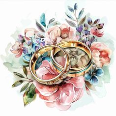 two gold wedding rings surrounded by pink roses and bluebells on a white background