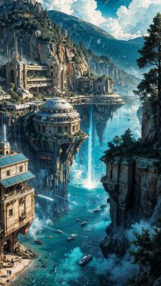 a futuristic city on top of a cliff in the middle of water surrounded by mountains