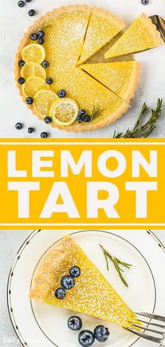 lemon tart with blueberries and rosemary sprinkled on top, served in a white plate