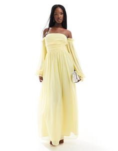 Lace & Beads ruched balloon maxi dress in lemon | ASOS Winter Party Dress, Spring Floral Dress, Bandeau Dress, Ruched Bodice, Sparkly Dress, Long Black Dress, Satin Slip Dress, Maxi Dress Trend, Beaded Lace